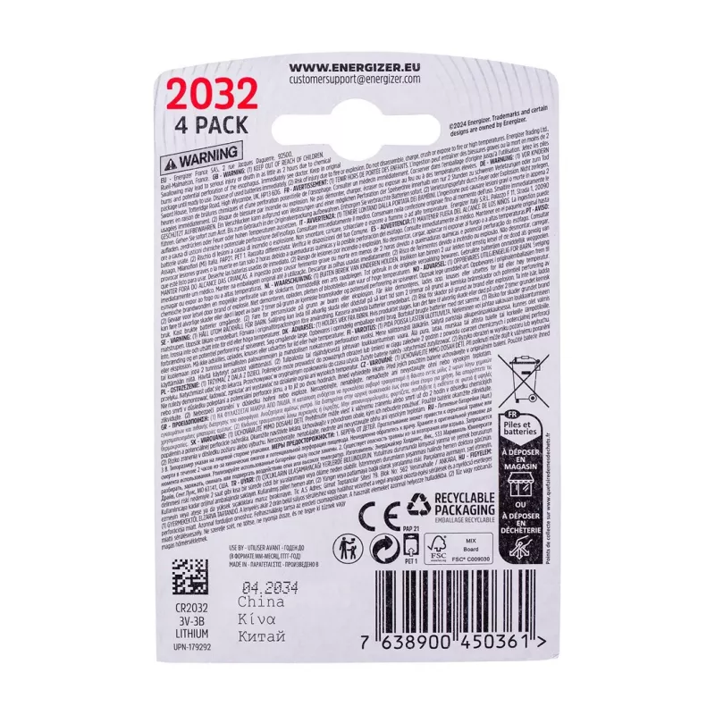 ENERGIZERI ERIPATAREI CR2032, 4 tk, 3V, ECO