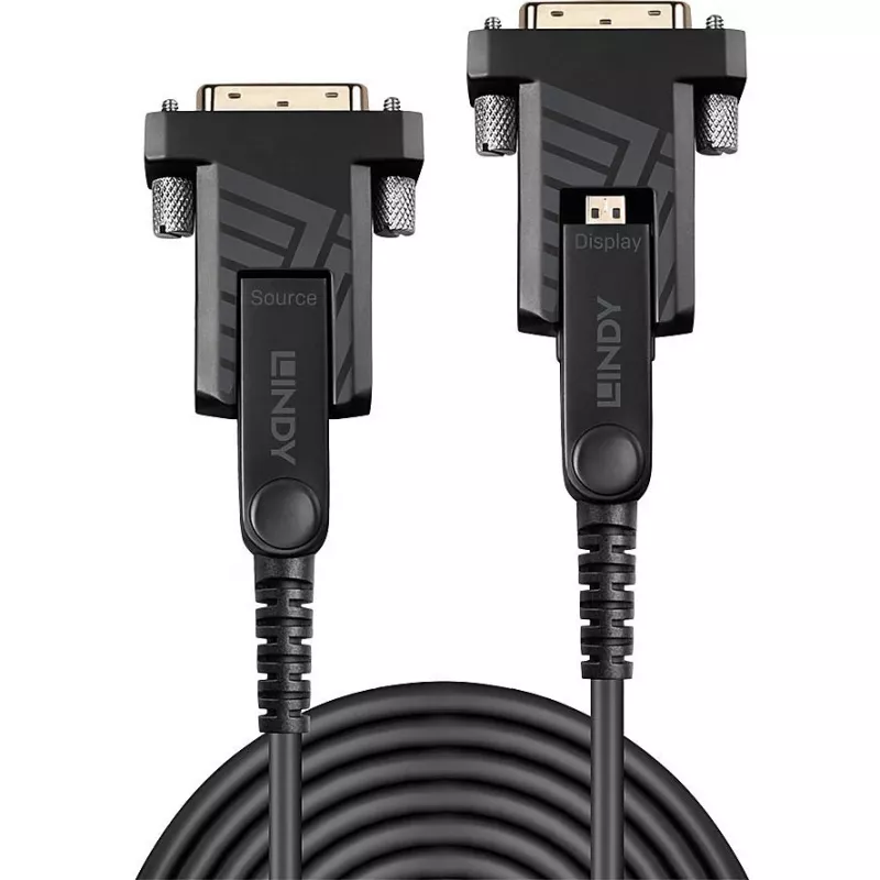 Lindy 10m kiudoptiline hübriidne Micro-HDMI 18G kaabel eemaldatavate HDMI- ja DVI-pistikuga