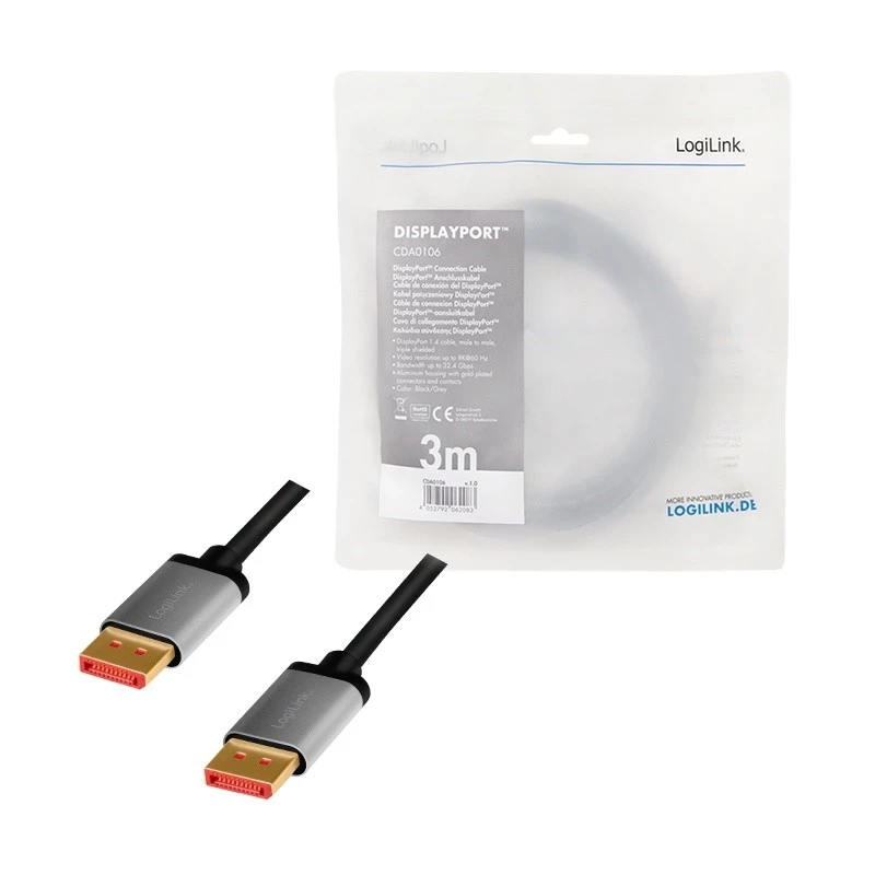 LogiLink CDA0106 DisplayPort-kaabel must hall 3 m