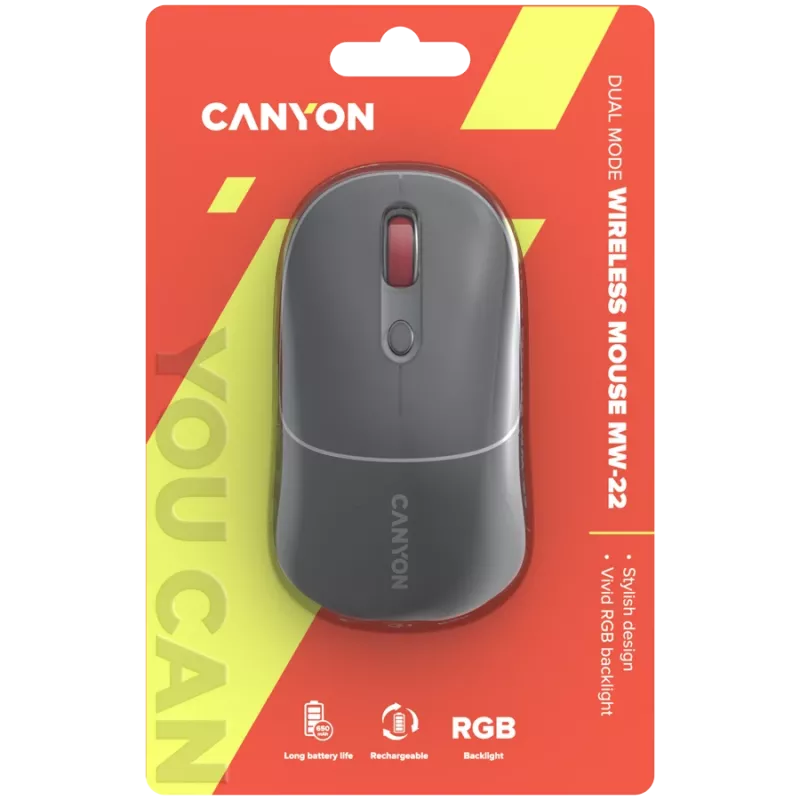 Canyon MW-22 2in1 RGB juhtmevaba hiir – hall – Bluetooth/RF – 1600 dpi – laetav