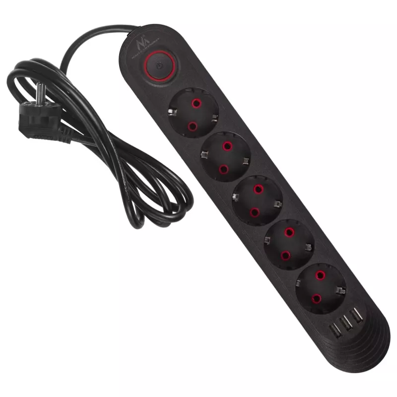 Pistikupesa MACLEAN MCE395 B — 5 pistikupesa, 3×USB, 110–240V AC, 2.1A USB, 2500W, 1.5 m kaabel, must