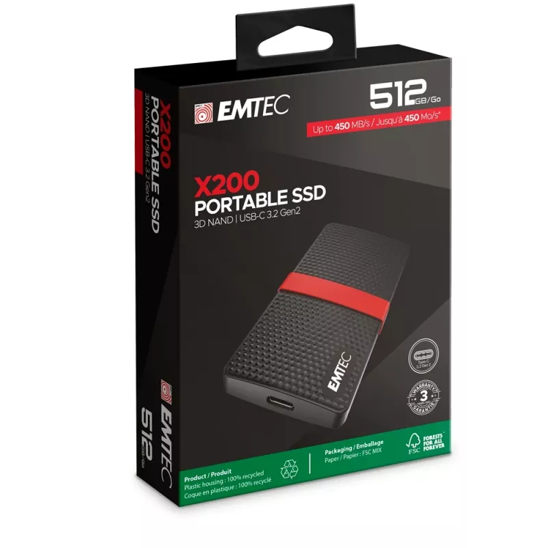 SSD Emtec 512 GB USB USB-C 3.2 Gen 1 must punane X200