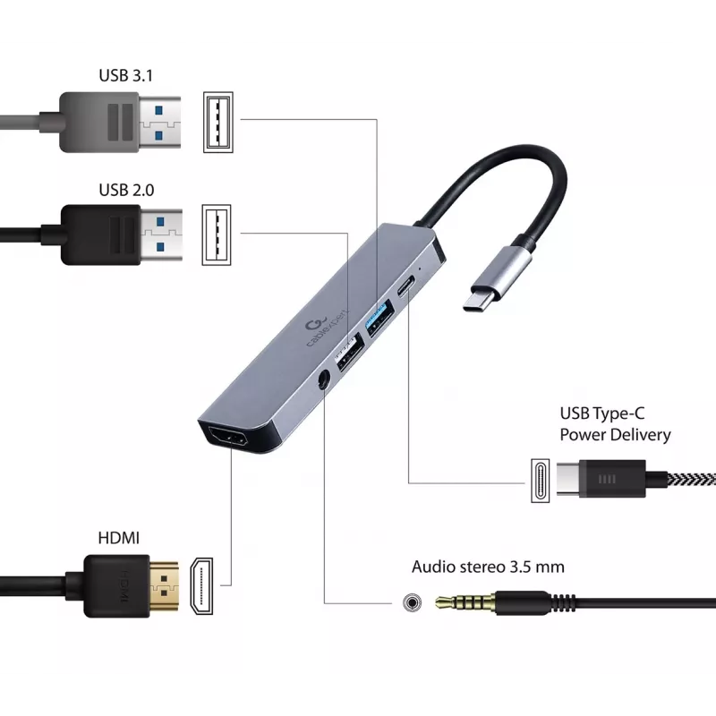 Gembird A-CM-COMBO5-02 sülearvuti dokk/pordi replikaator Juhtmega USB 3.2 Gen 1 (3.1 Gen 1) Type-C Hõbedane