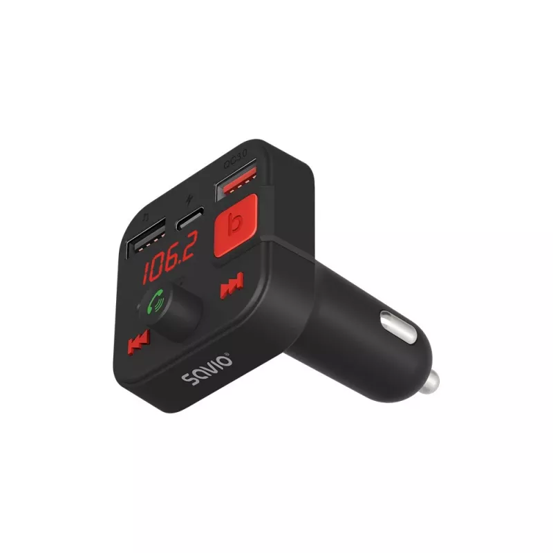 SAVIO FM-saatja, Bluetooth 5.3, QC 3.0 laadija, LED-ekraan, Bass Boost, TR-15, must