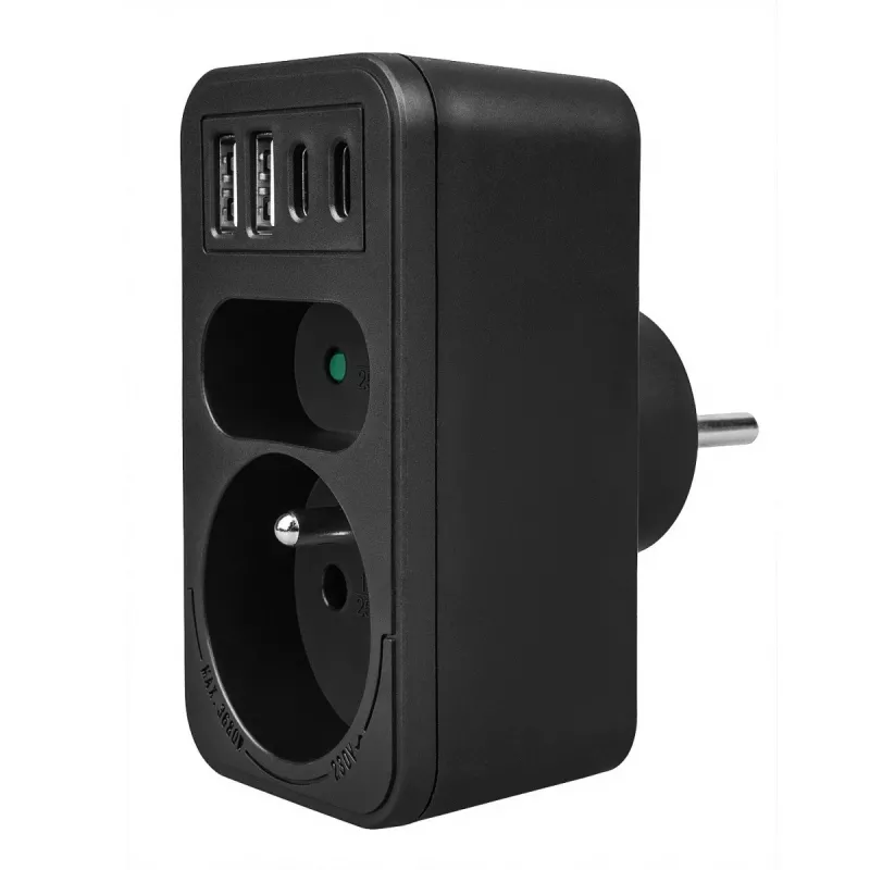 Toitejaotur MACLEAN MCE249 F/B — 2 vahelduvvoolupesa (16A + 6A) koos 2×USB-A ja 2×USB-C PD 20W, EL-pistik, must