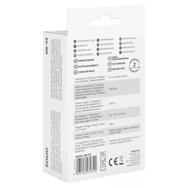 Savio MB-05 hiir universaalne mõlemakäeline Bluetooth 1600 DPI