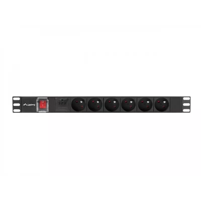 Toitejaotusseade LANBERG PDU-06E-0200-BK — 6x E-tüüpi pistikupesa, 16 A, 2 m kaabel, 1U riiul, 220–250 V