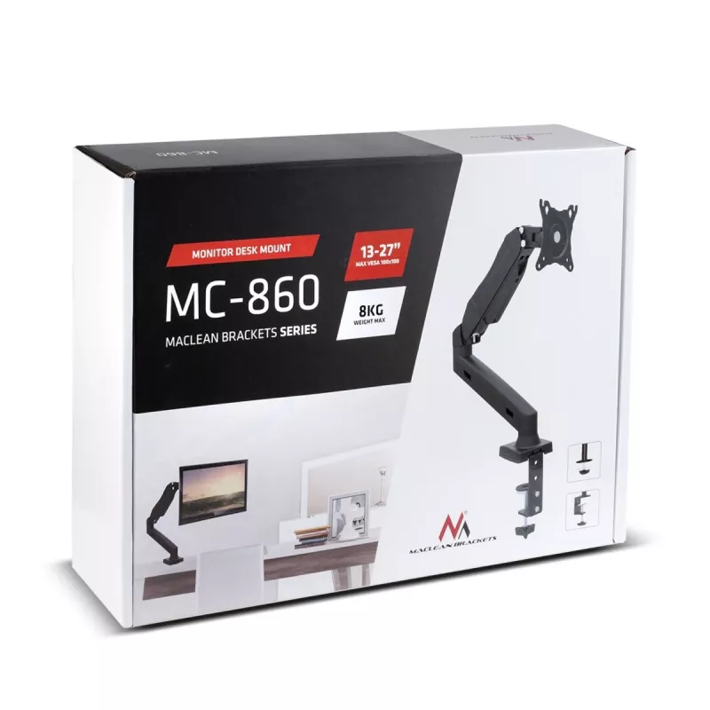 Monitor mount MACLEAN MC-860 desk mount for 27 inch (68.6 cm) screens, VESA 75x75–100x100, max load 8 kg, Must