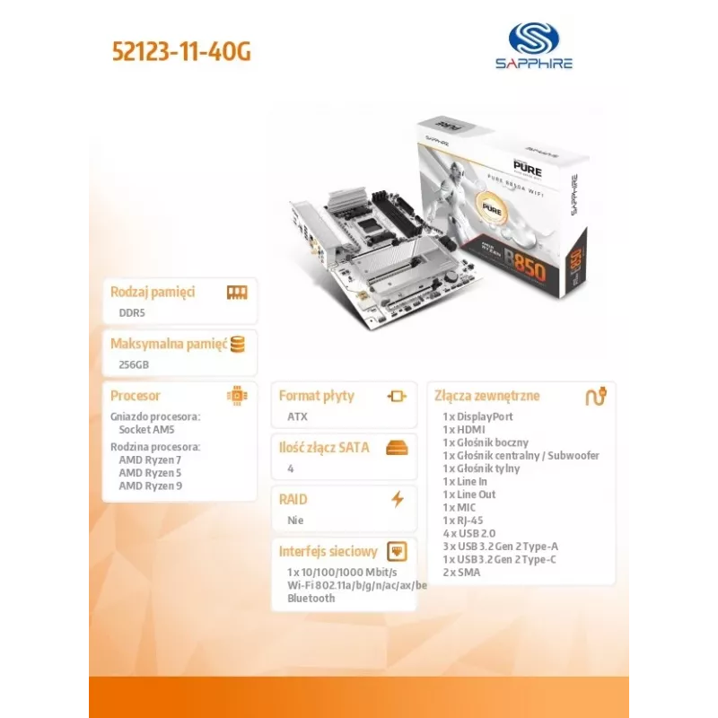 Emaplaat Sapphire PURE B850A WIFI7 ATX — B850 kiibistik, Wi‑Fi 7, DDR4 tugi