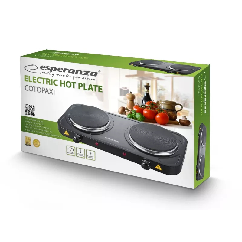 Lauapealne elektripliit ESPERANZA EKH010K — 2-tsooniline must, 155 mm, 2000 W, pöördnupud