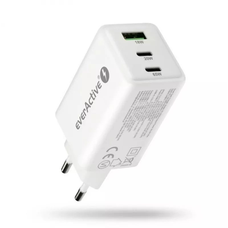 Toiteadapter everActive SQ-655Q 65W, 1×USB-A + 2×USB-C kiirlaadimine