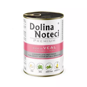 Märg koeratoit Dolina Noteci Premium rikkalik vasikaliha ja roheliste hernestega 400 g, täiskasvanud, 12% valku, 6,5% rasva