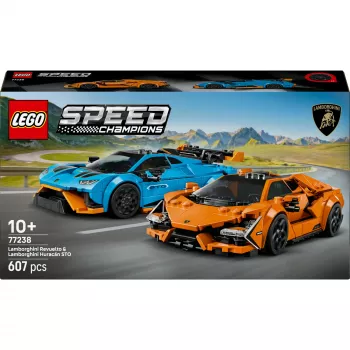 LEGO Speed Champions komplekt 77238 — Lamborghini Revuelto ja Huracán STO ehitusmänguasi, 607 osa, 2 minifiguuri, soovituslik vanus 10+