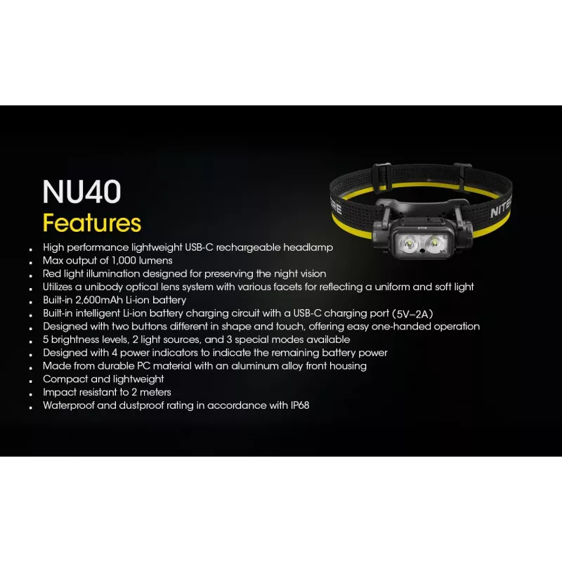 Pealamp Nitecore NU40 must LED 2 lampi IP68