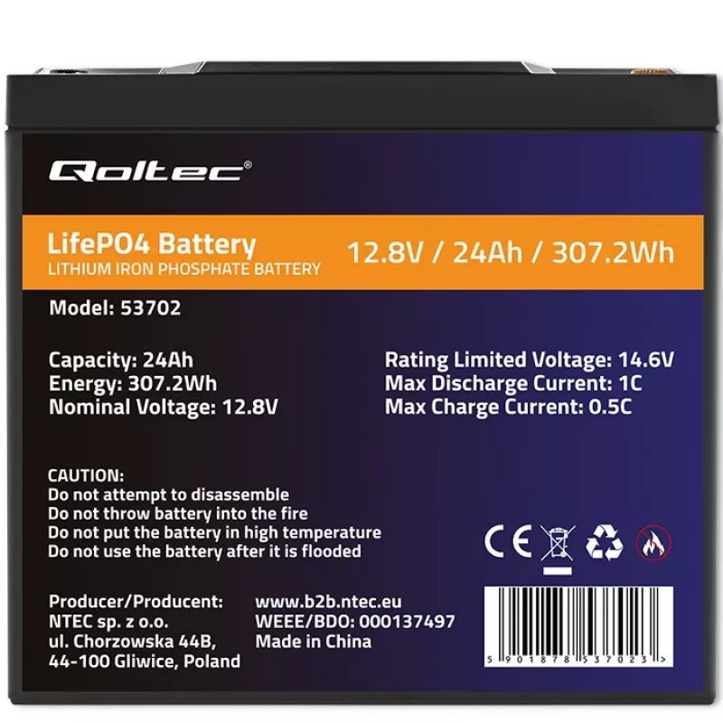Qoltec 53702 LiFePO4 liitiumraudfosfaataku | 12,8V | 24Ah | 307,2Wh | BMS