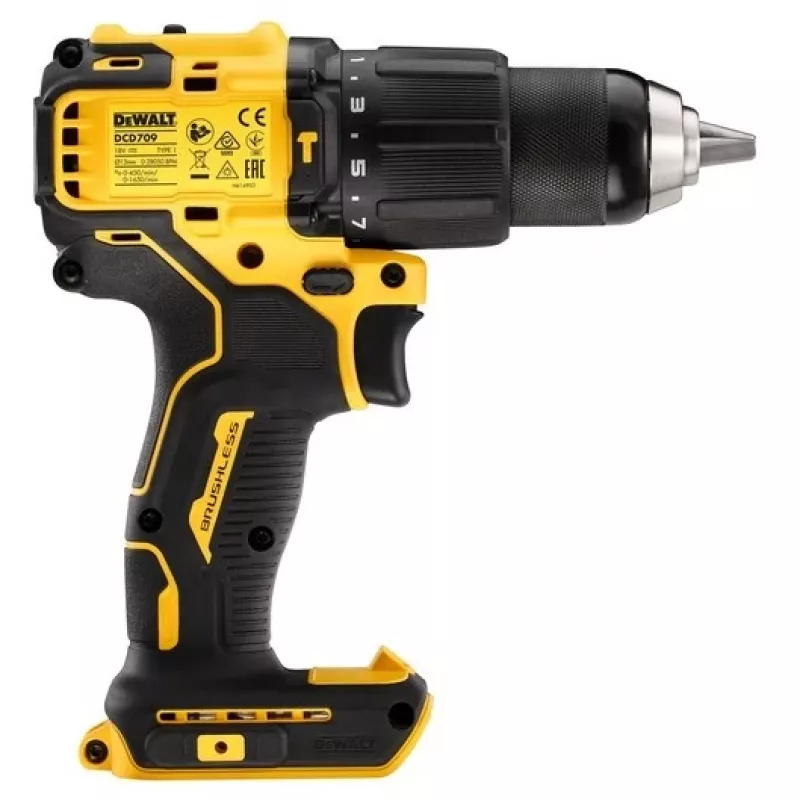 Juhtmeta puur DeWALT DCD709N-XJ, harjadeta 18 V, 2-käiguline, 1650 p/min, 65 N·m, kiirkinnituspadrun 1,5–13 mm, 1,2 kg