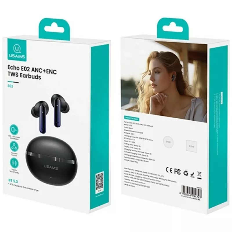 Bluetooth kõrvaklapid Usams TWS E02 ANC+ENC must
