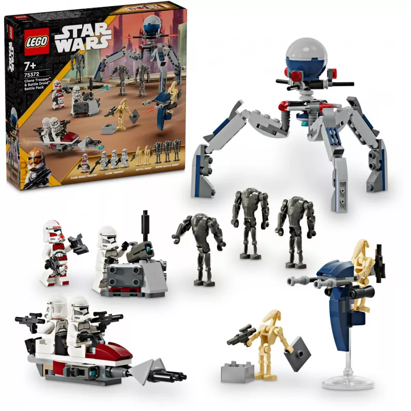 LEGO Star Wars kloonsõdurite ja lahingudroidide lahingukomplekti ehitusmänguasjad lastele kiirrattasõidukiga, 4 minifiguuri ja 5 figuuri, kingitused poistele