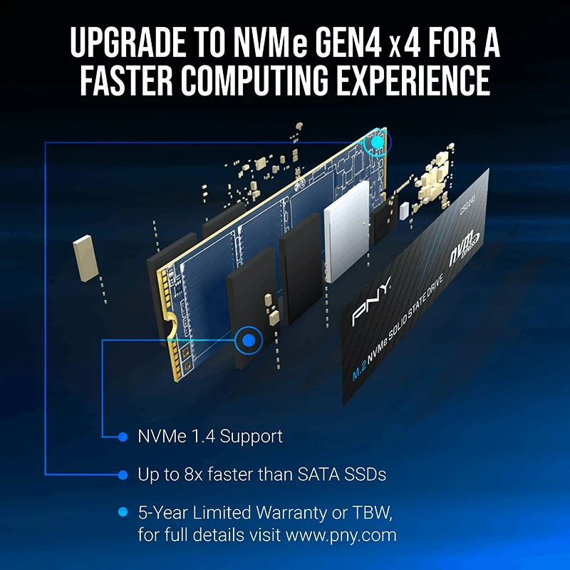 SSD PNY CS2241 M.2 NVMe PCIe 4.0 1TB — lugemiskiirus 5100 MB/s, kirjutamiskiirus 3200 MB/s