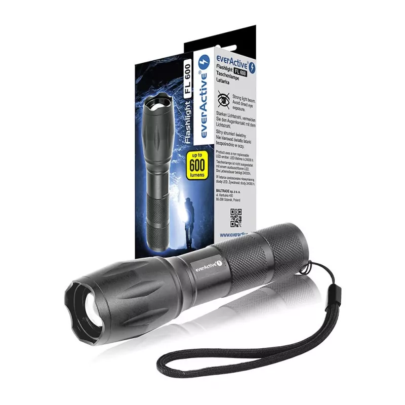 Taskulamp everActive FL600 — 600 lm, 10 W, alumiiniumkorpus, IPX4, 130 mm, 3×AAA, punane