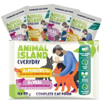 Märg kassitoit animal island Everyday — Vasika- ja linnuliha maksaga, 4 x 85 g kotikest, 9,5% valku, 83% niiskust