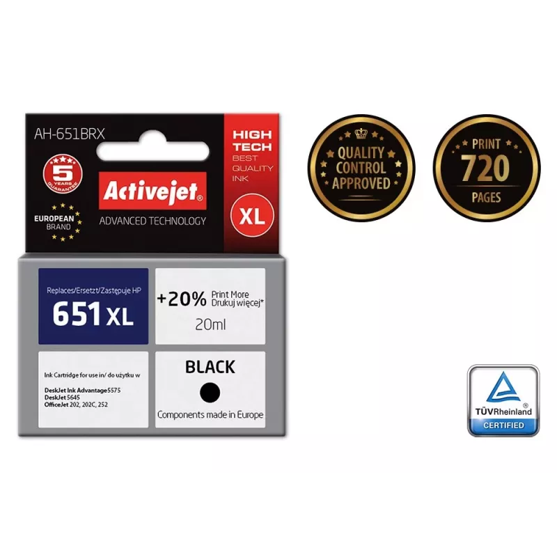 Activejet AH-651BRX tint (asendus HP 651 C2P10AE; Premium; 20 ml; must)