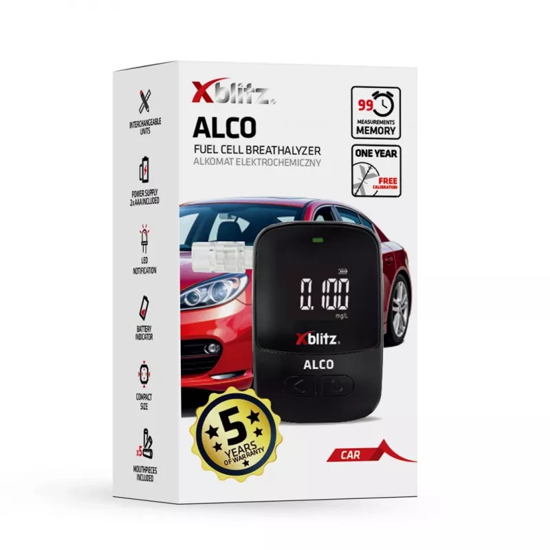 Käeshoitav elektrokeemiline alkomeeter Xblitz ALCO — BAC 0–4%, täpsus 0,05%, LCD, 5 huulikut, 2×1,5V patareid