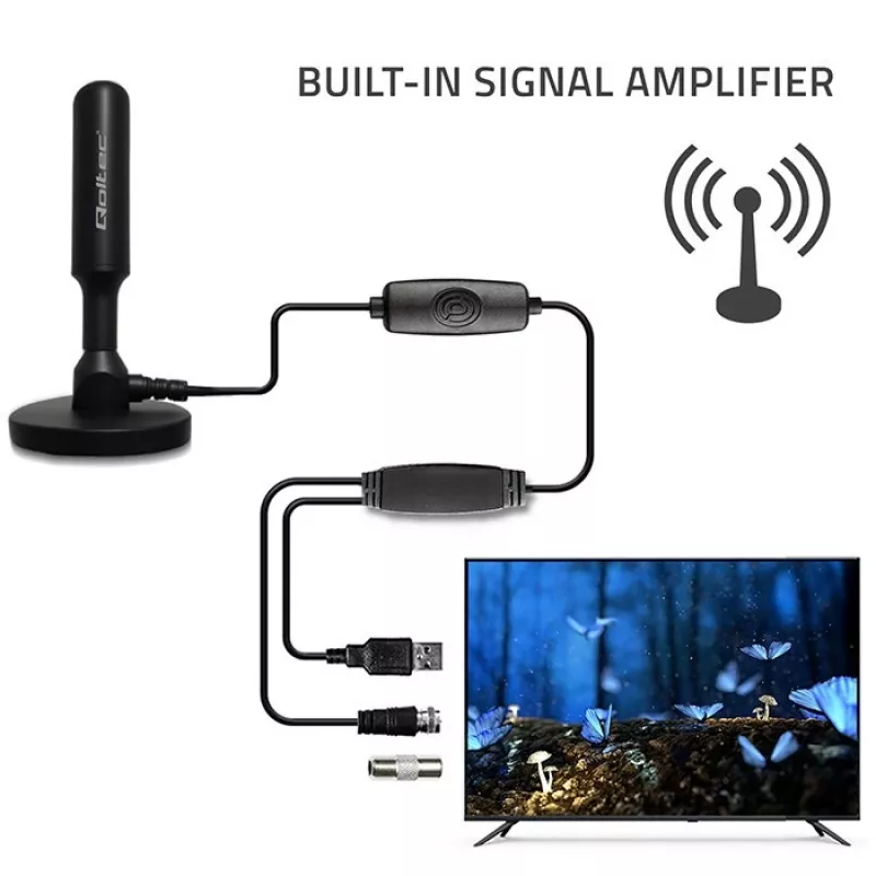 TV antenn QOLTEC DVB-T2 28 dBi signaalivõimendiga, sise-/välistingimustes vastuvõtt