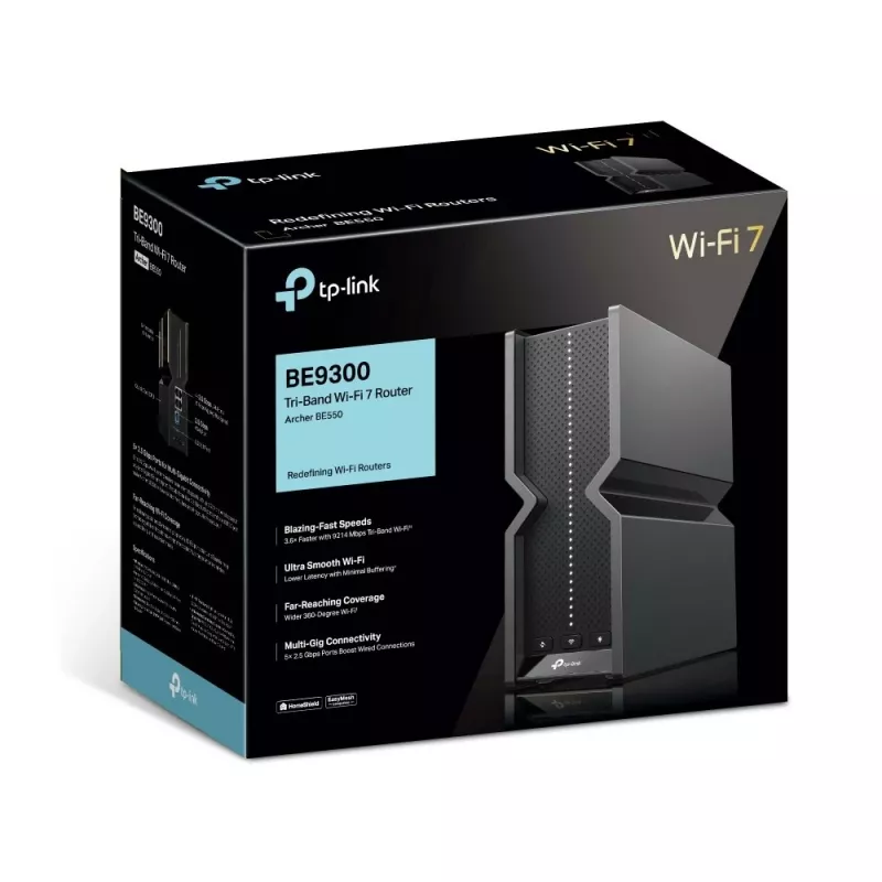 TP-Link Archer BE9300 kolmeribaline Wi-Fi 7 ruuter, Wi-Fi 7 (802.11be), kolmeribaline (2.4 GHz / 5 GHz / 6 GHz), Ethernet LAN, must, lauapealne ruuter