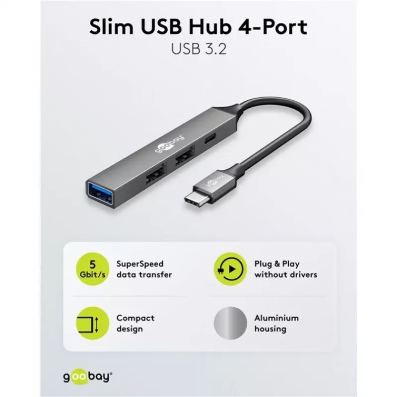 Goobay Slim 4-Port USB-Hub, USB-C™ USB-C™/USB-A, USB 3.2 (74459)