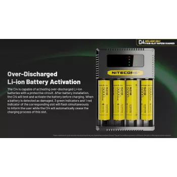Akulaadija Nitecore Ci4 — universaalne USB-laadija Liitium-ioon / NiCd / NiMH jaoks, 5/9/12 V sisend, 3 A, plastist, 0,1914 kg