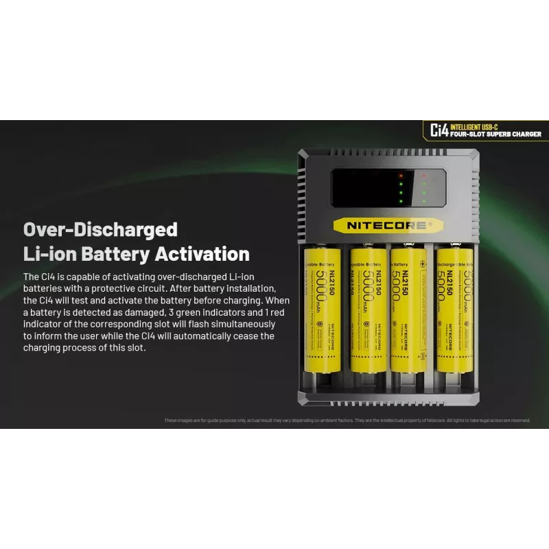 Akulaadija Nitecore Ci4 — universaalne USB-laadija Liitium-ioon / NiCd / NiMH jaoks, 5/9/12 V sisend, 3 A, plastist, 0,1914 kg