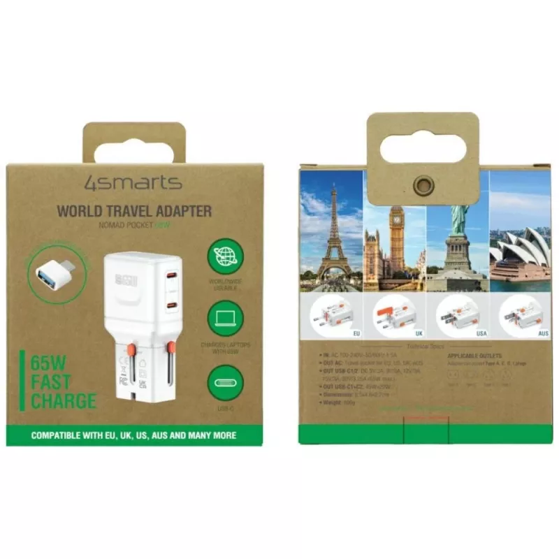 Reisilaadur World 65W USB-C + USB-A valge