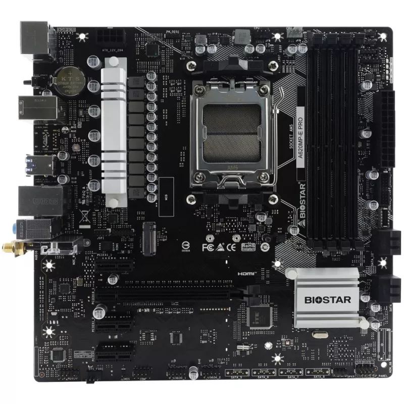 Emaplaat BIOSTAR A620MP-E PRO — AMD A620 microATX, Socket AM5, DDR5, 4 DIMM, max 128 GB, 2.5Gb LAN