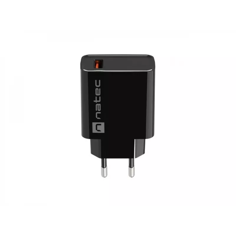 NATEC kiirlaadimisega sise-võrgulaadur Ribera — 18 W (5–15 V, kuni 3 A), 1× USB-A, Huawei FCP/SCP, must