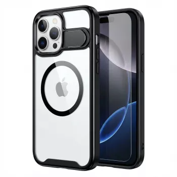 GUAN-kaitseümbris Apple iPhone 16 Plus-le koos 10H karastatud klaasi ja tugijalaga, läbipaistev tagapaneel musta raamiga