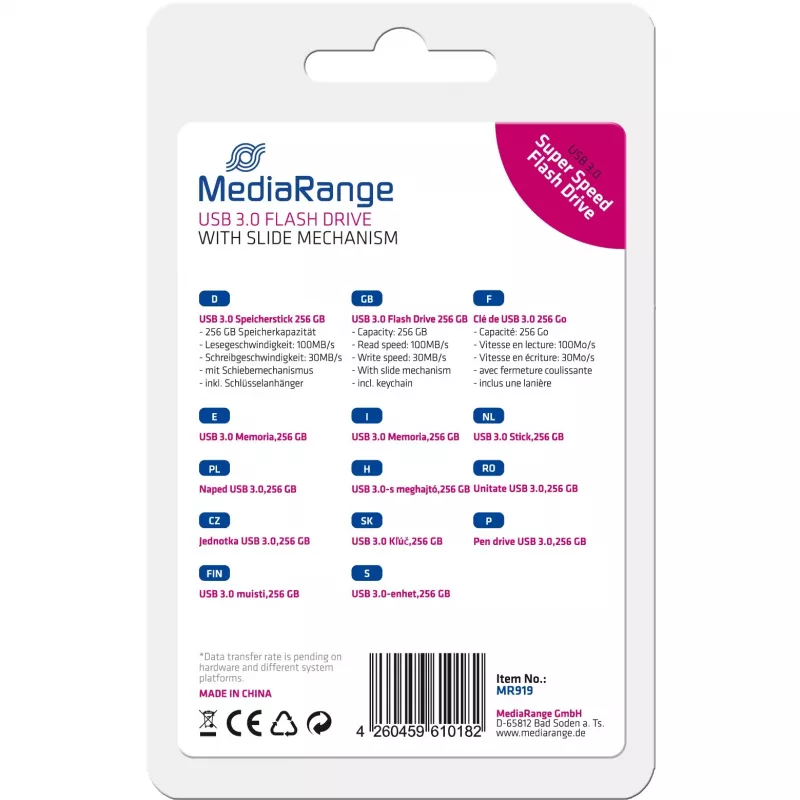 MediaRange - USB-mälupulk - 256 GB - USB3.0 - must, hõbedane (MR919)