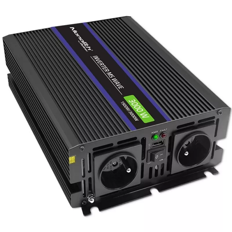 Pingemuundur QOLTEC Monolith 3000 MS Wave, 12 V → 230 V, 1500/3000 W, USB-ga