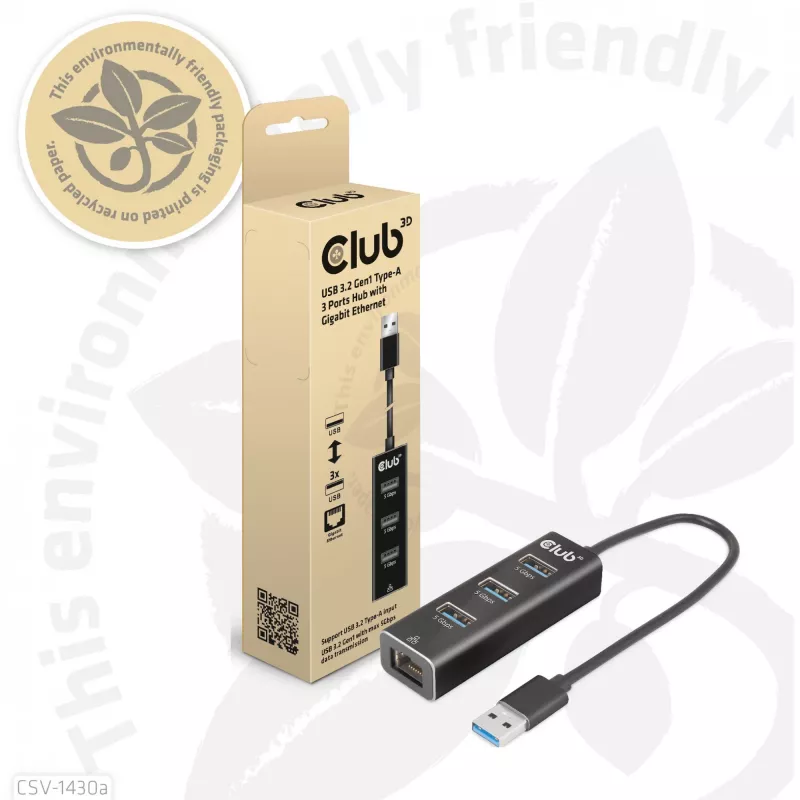 USB jaotur CLUB3D USB 3.2 Gen1 Type-A 3 pordiga ja Gigabit Ethernetiga