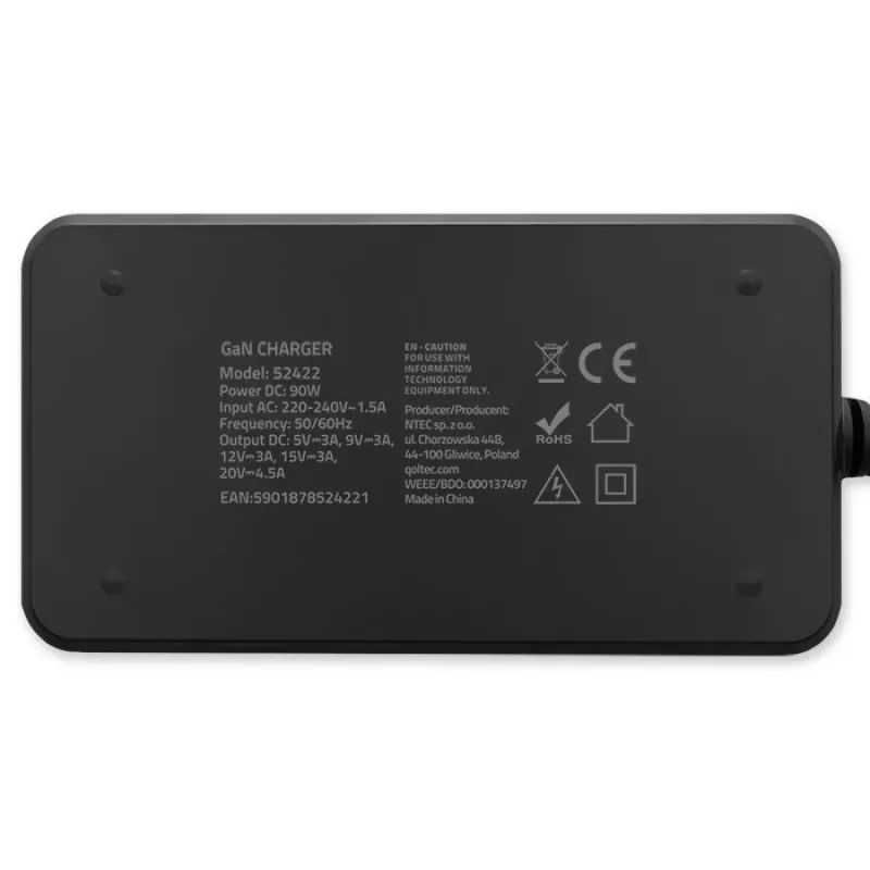 Qoltec 90W GaN Super Fast SLIM seinadapter | XP | 5-20V | 4,5A | USB-C 3.1 | sülearvuti | MacBook | nutitelefon | + kaabel