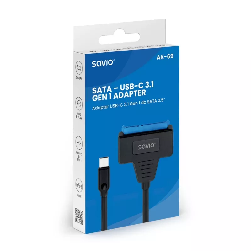 SAVIO SATA–USB-C liidesekaabel AK-69, SATA-emane–USB-C-isane, USB 3.2 Gen 1 (5 Gbit/s), 0,25 m, must