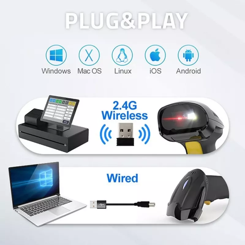Juhtmeta vöötkoodiskänner QOLTEC 50856 — 1D ja 2D juhtmeta pihuskänner, USB-liides, ABS-korpus, 170×62×100 mm, 203 g