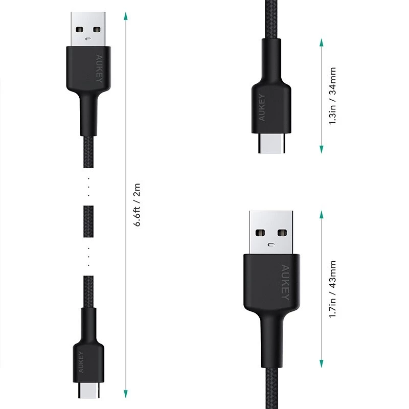 USB-C–USB-A kaabel Aukey CB-CA2, nailonpõimikuga, Quick Charge 3A, 1 m