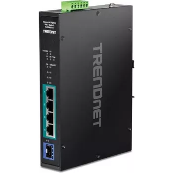 TRENDnet TI-PGM541 - lüliti - -20 °C - 65 °C (-4 °F - 149 °F) - 4 x 10/100/1000 (PoE+) + 1 x Gigabit SFP - DIN-liistule paigaldatav, seinale kinnitatav - PoE+ (120 W) - alalisvool