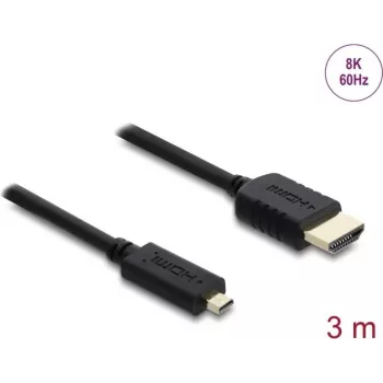 HDMI kaabel DELOCK 81692 — 3 m, HDMI tüüp A (standard) HDMI tüüp D (mikro), 48 Gbit/s, kuni 7680×4320, kullatud kontaktidega, must