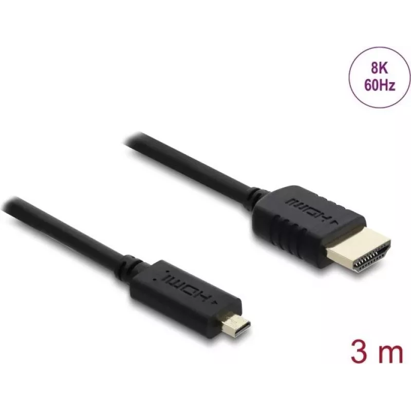 HDMI kaabel DELOCK 81692 — 3 m, HDMI tüüp A (standard) HDMI tüüp D (mikro), 48 Gbit/s, kuni 7680×4320, kullatud kontaktidega, must