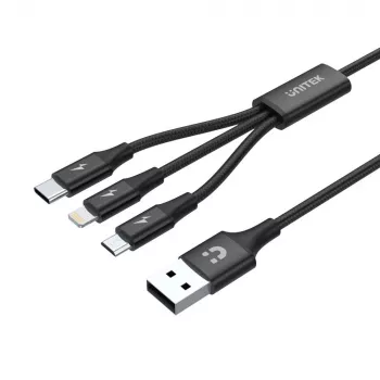 USB-kaabel Unitek C14049BK — USB-C to Micro-USB B/Lightning, USB 2.0, 1,2 m, must