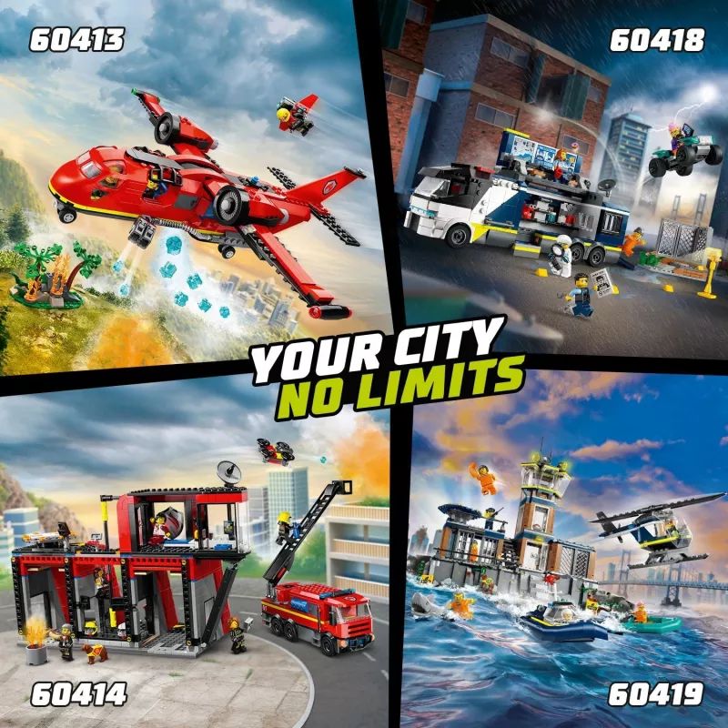 Konstruktsioonimänguasi LEGO City tuletõrjedepoo pöördredeliga sõidukiga 60414 — 843 detaili, 5 minifiguuri, 220×320×140 mm