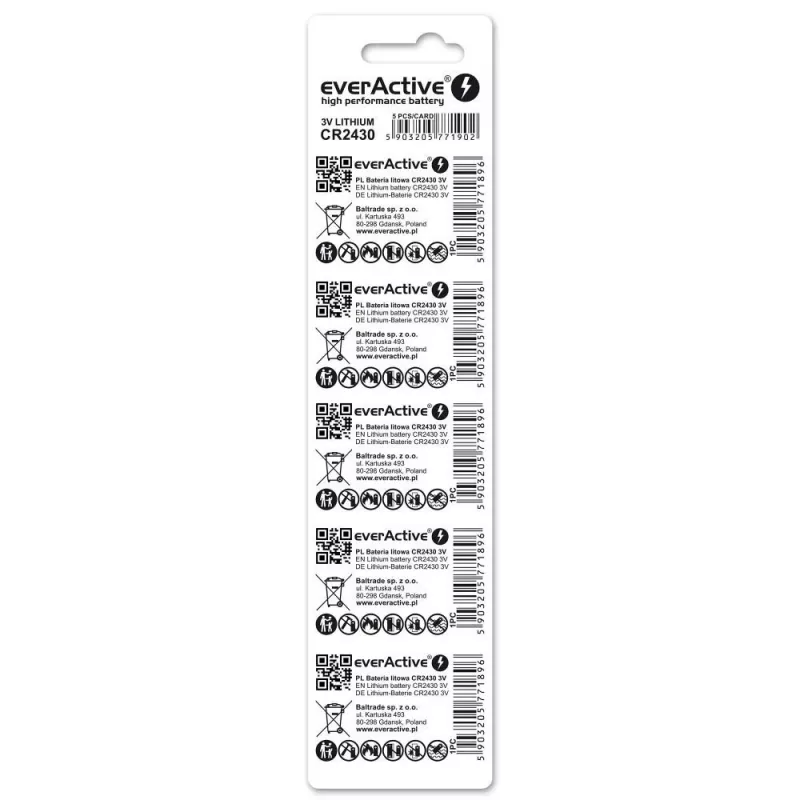 Nööpelement everActive CR2430 Liitium 3 V, 24,5 mm × 3 mm, 5 tk pakendis