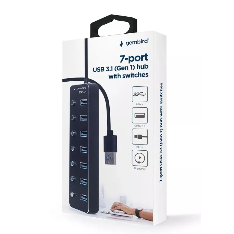 USB-jaotur Gembird UHB-U3P7P-01, 7-pordiline USB 3.2 Gen 1 (Type-A), 0,24 m kaabel, must
